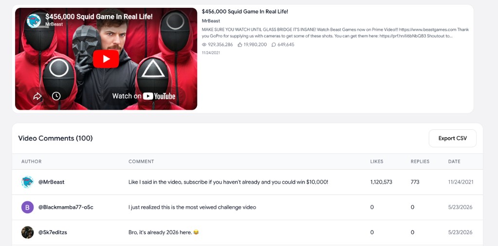 Screenshot of the YouTube comment scraper showing a video preview and a table of scraped comments with author, comment text, likes, replies, and date columns, plus an Export CSV button.