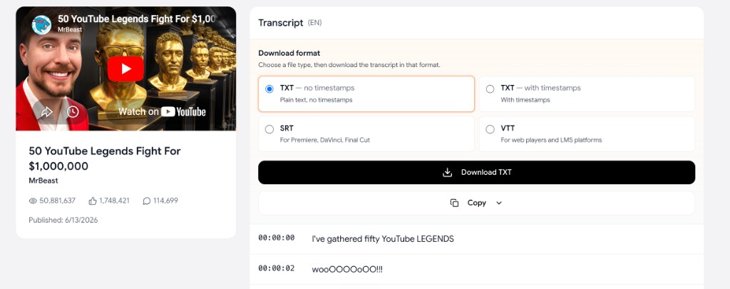 Screenshot of the YouTube transcript downloader showing a video preview on the left and a format selector on the right with TXT, SRT, and VTT download options plus a timestamped transcript preview.